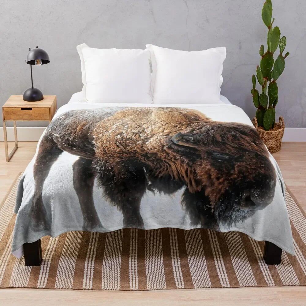 An American Bison Moves Through a Winter Snowstorm Throw Blanket Camping Cute Plaid Soft Plaid Luxury Brand Blankets