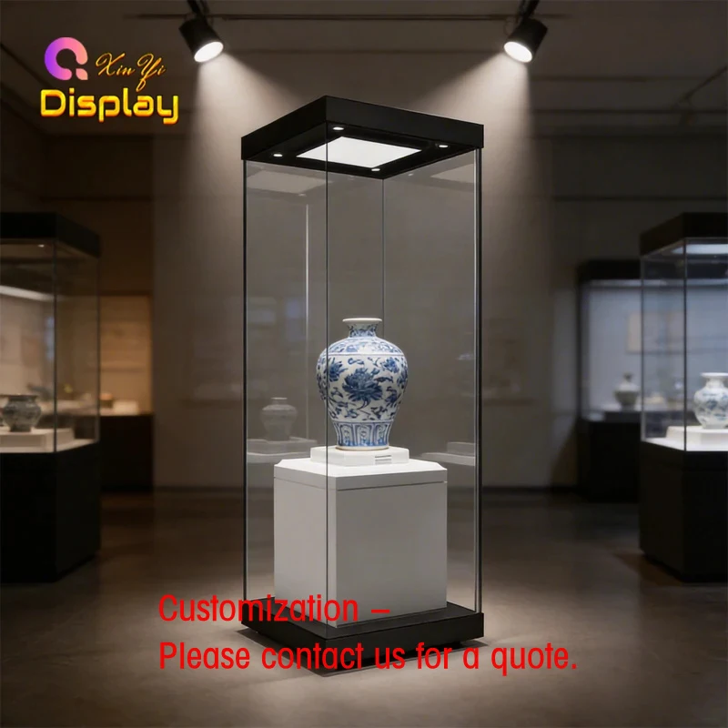 custom.Museum Freestanding LED Lighting Display Shelf 360 Full View Seamless Tempered Glass Display Cabinet Showroom