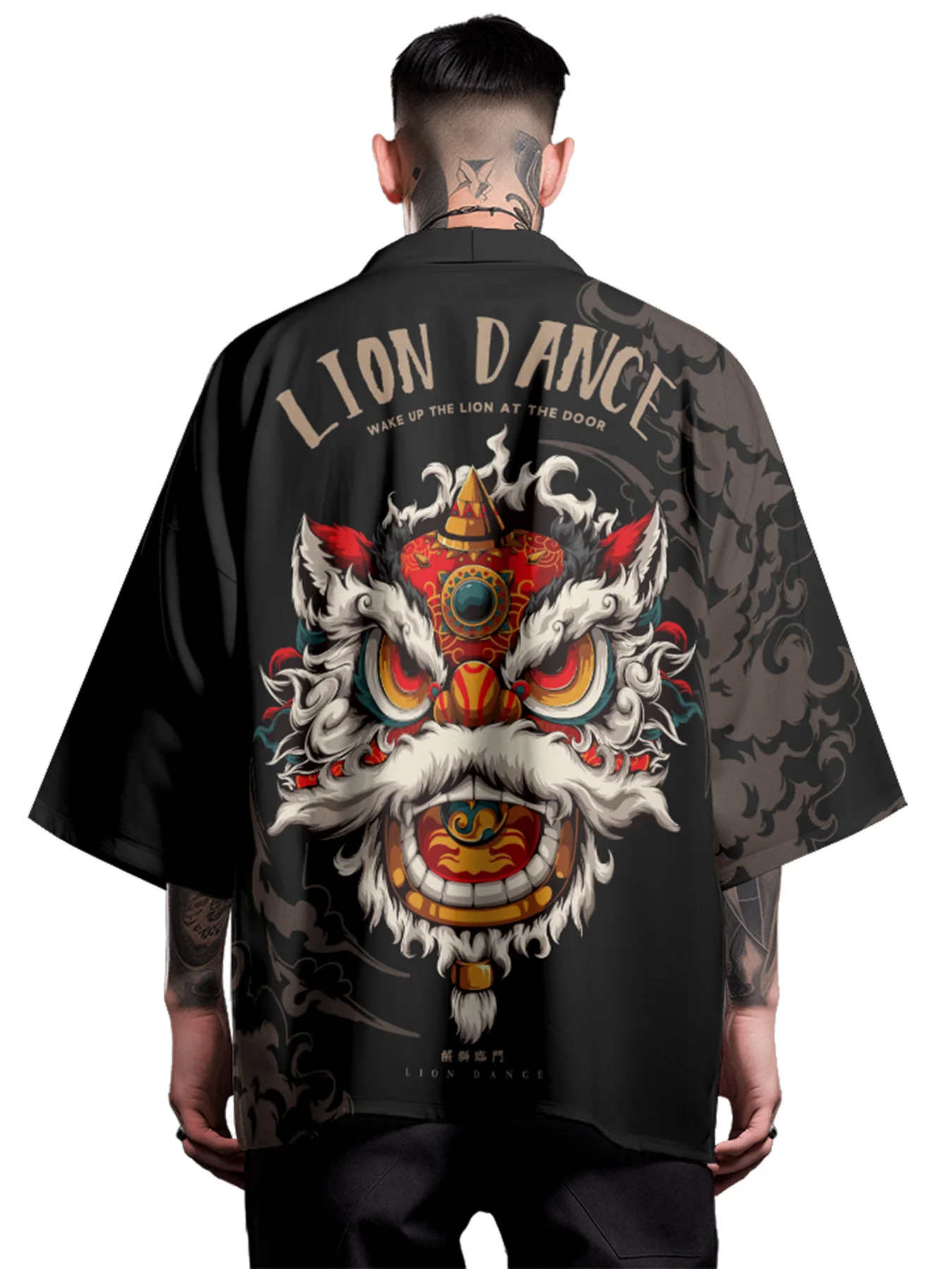 Chinese Folk Custom Lion Dancing  Men's Streetwear Half Sleeve Loose Casual Black Shirt  Men Clothing for Daily in Summer