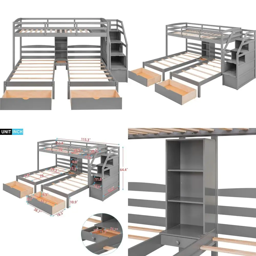

Серая деревянная трехъярусная кровать с лестницей, местом для хранения и встроенными полками для детей, подростков и взрослых - не требуется пружинный блок.