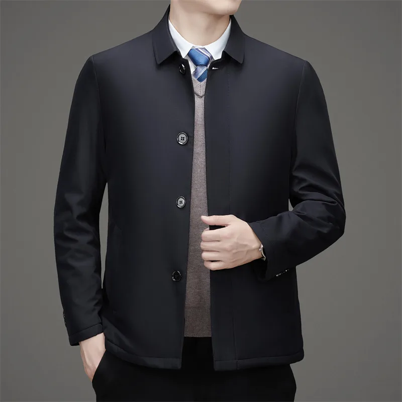 سترة شتوية للرجال الناضجين، سترة مبطنة واحدة الصدر، معطف مبطن دافئ على طراز الأعمال الكلاسيكية لرجل الطقس البارد