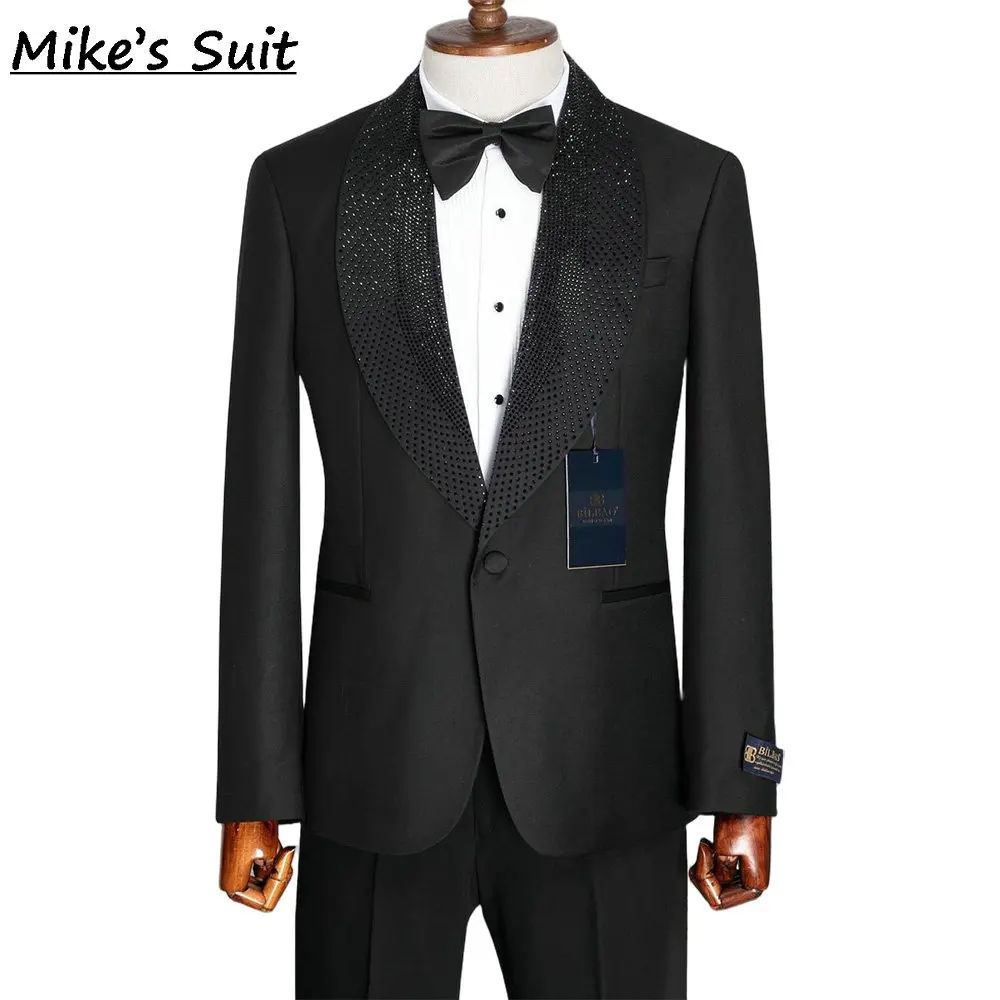 Black Glitter Crystal Neckline Men's Business Suit For Wedding Groom Wear Prom Man Suits Blazer 2 Pieces Set Jacket+Pant