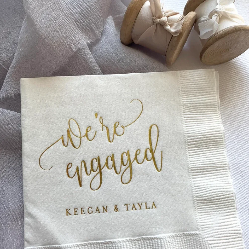 50Pcs Personalized Wedding Cocktail Napkins - We're Engaged Personalized Napkins, Engagement Party Receptions Lunches Dinners