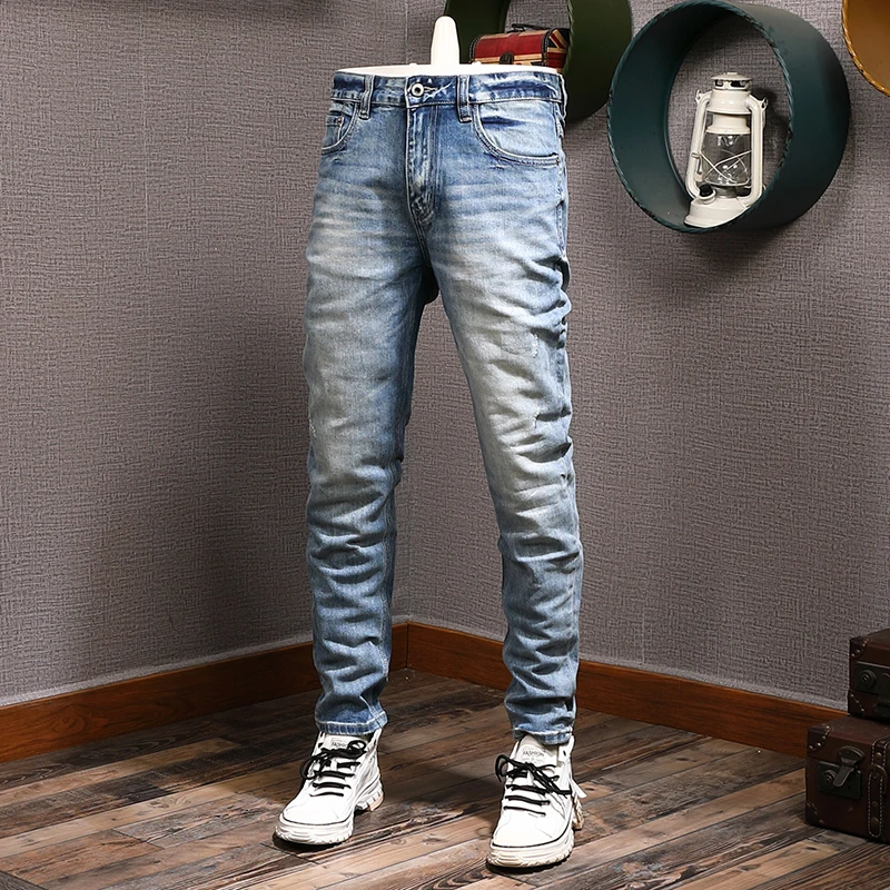 Italian Style Fashion Men Jeans Retro Light Blue Elastic Slim Fit Ripped Jeans Men Trousers Vintage Designer Denim Pants Hombre