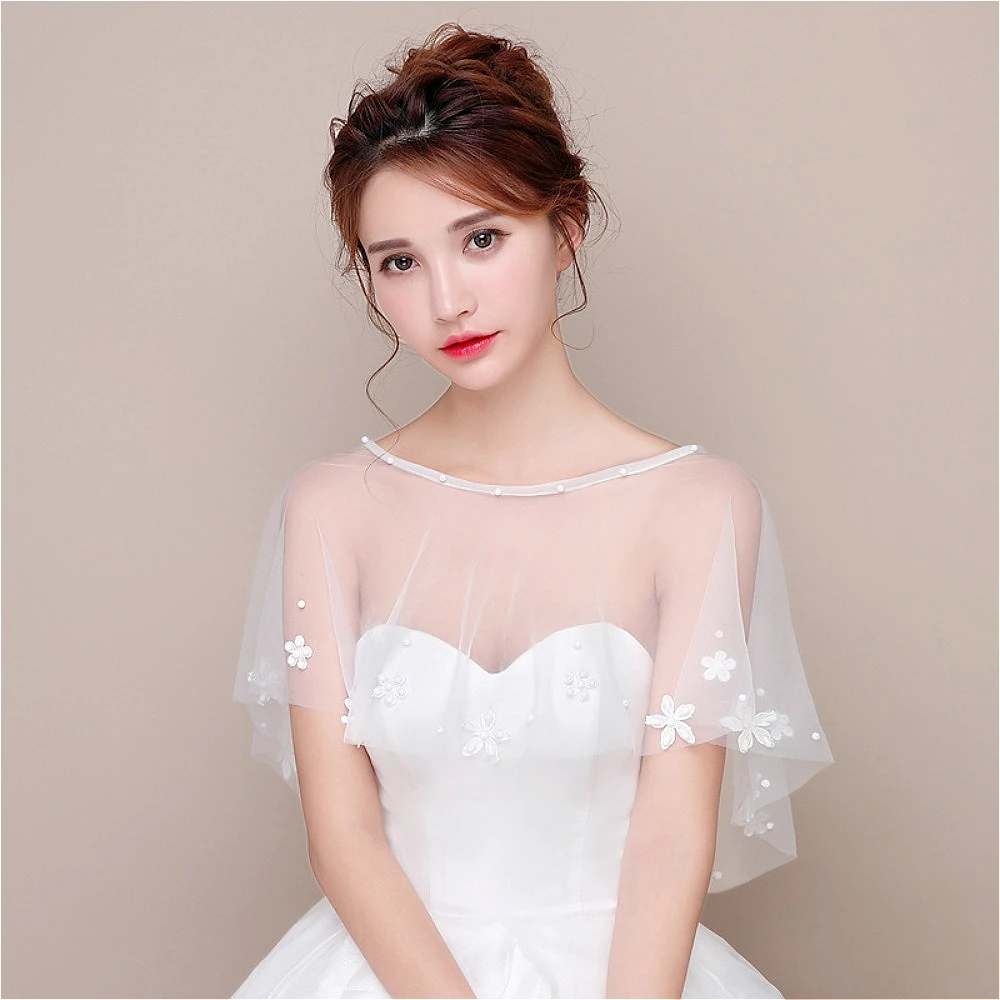 

Bridal Shawl Tulle Pearls Beaded Capes with Flower Wedding Bolero Wedding Clothes Covered for Party Dress Wedding Accessories