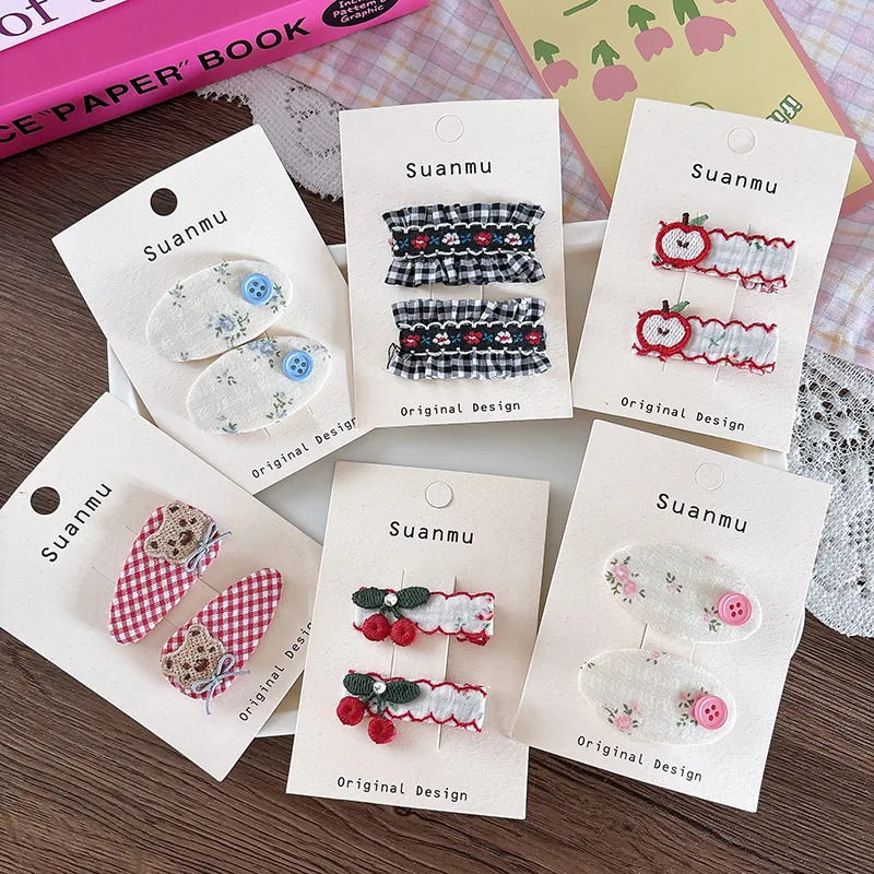 2 pçs tecido bordado crianças grampos de cabelo floral presilhas headwear franja bb clipe doce meninas grampos crianças acessórios para o cabelo