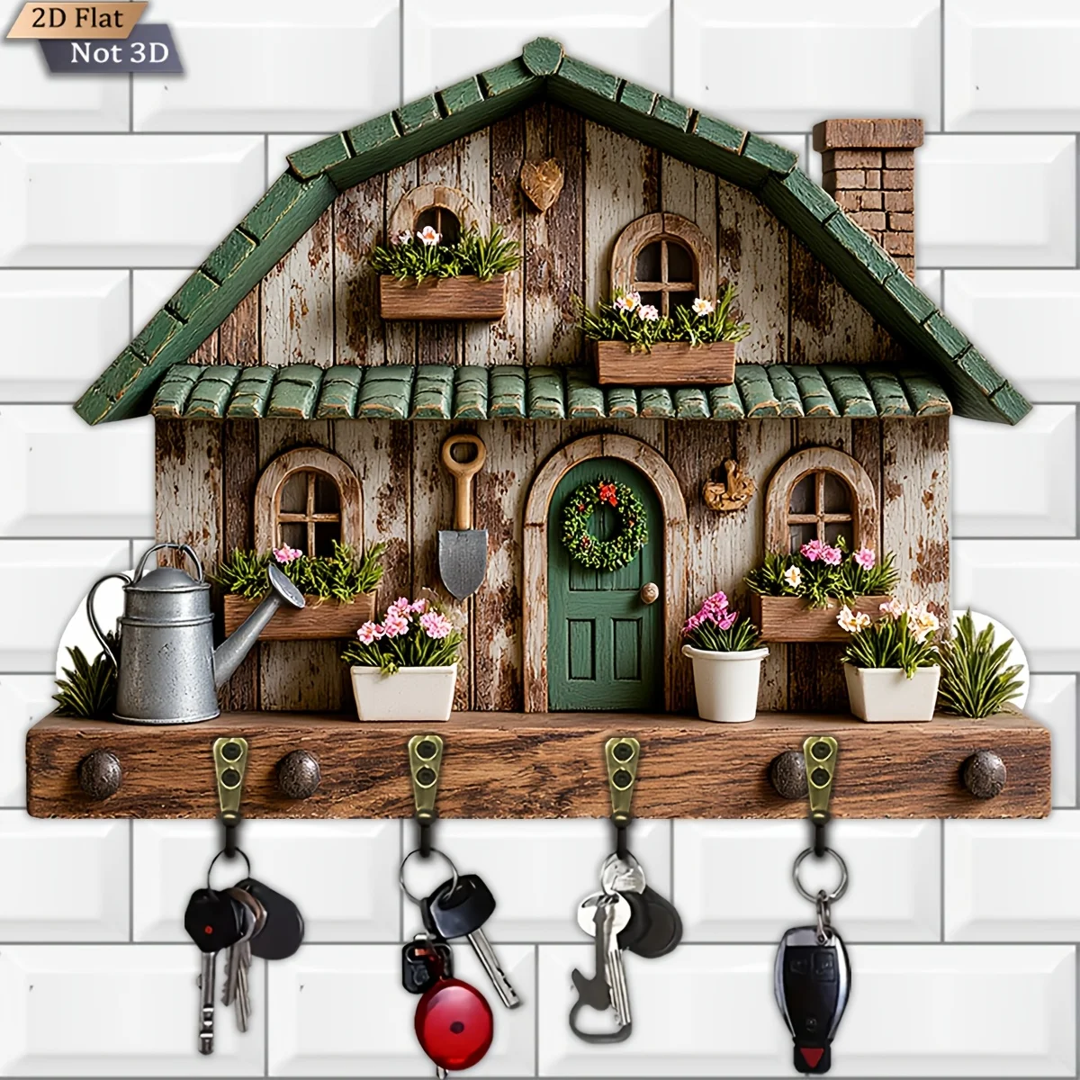 2D Flat, 1pc, Garden Cottage Themed Style Key Hanger, Wooden Multifunctional Home Key Hanger, with four metal hooks, wall