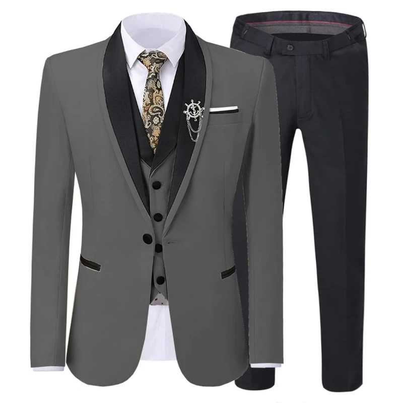 

Lansboter Men Suit Gray 3 Pieces With Black Lapel Business Casual For Wedding Groom Banquet Work Set Jacket Vest With Pants