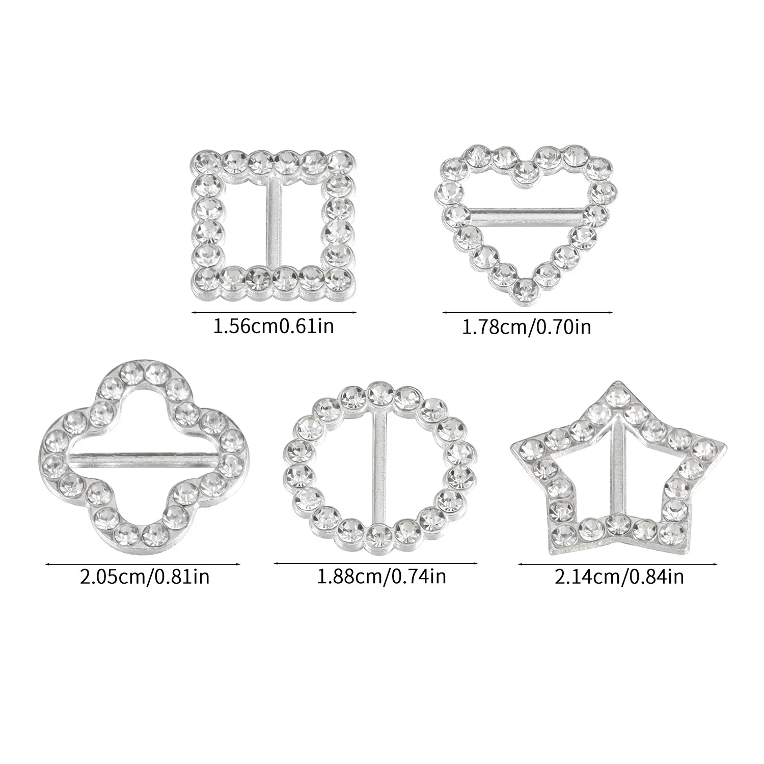 10Pcs/lot Silver Rhinestones Buckles Metal Heart Round Square Ribbon Decoration Buckle for Webbing Clothes DIY Hair Accessories