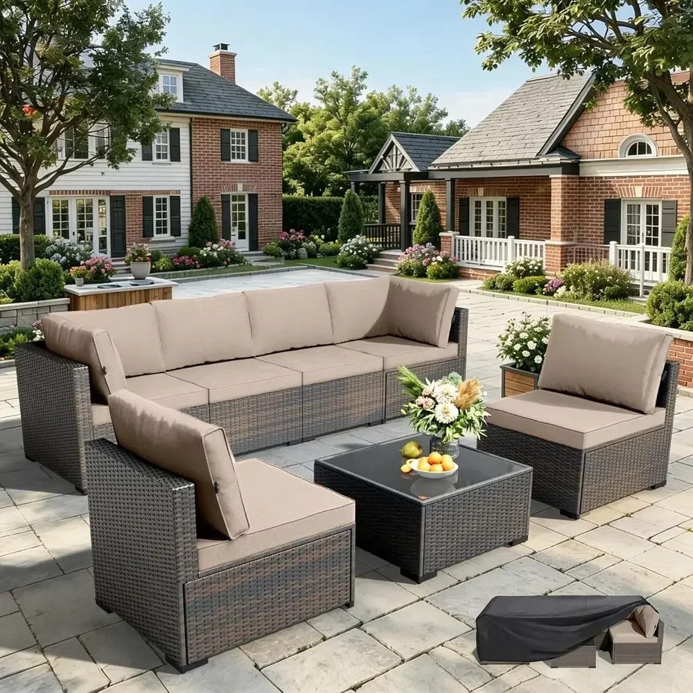 7-Piece All-Weather Wicker Rattan Outdoor Patio Furniture Set, Perfect for Garden, Poolside, Balcony, Porch, and Patio, Brown/Kh