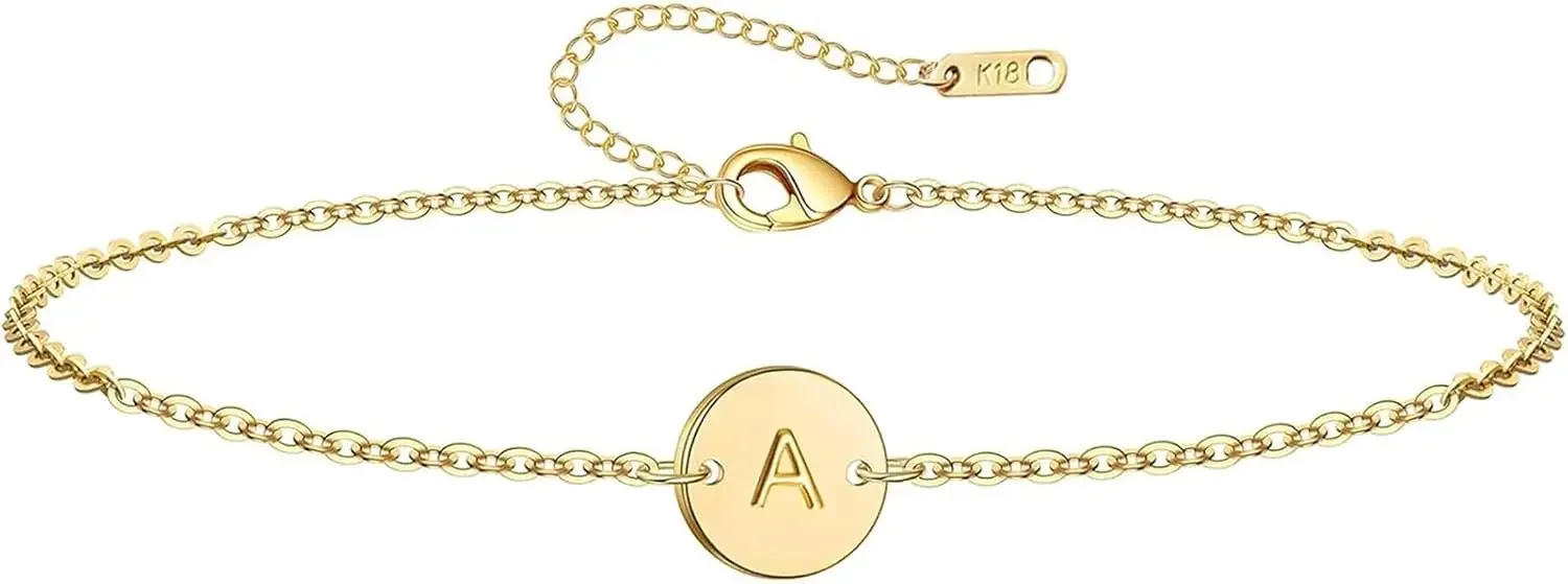 Pulsera Personalizada con Iniciales, Pulsera de Acero Inoxidable Chapada en Oro de 18K con Letra y Moneda Decorativa