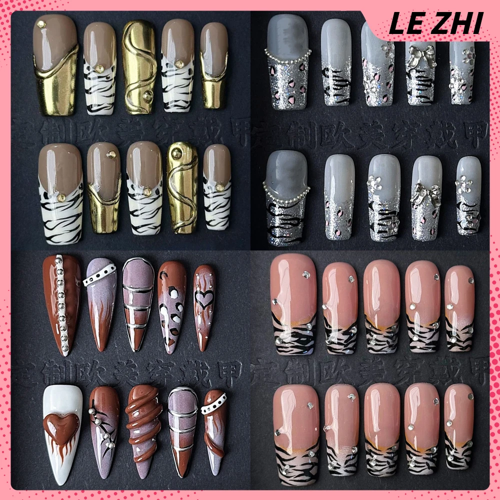 

10Pcs Spice Girls Handmade Long Coffin Almond Reusable Fake Nail Y2K Zebra Print Diamond Bowknot Flowers Design Press On Nail