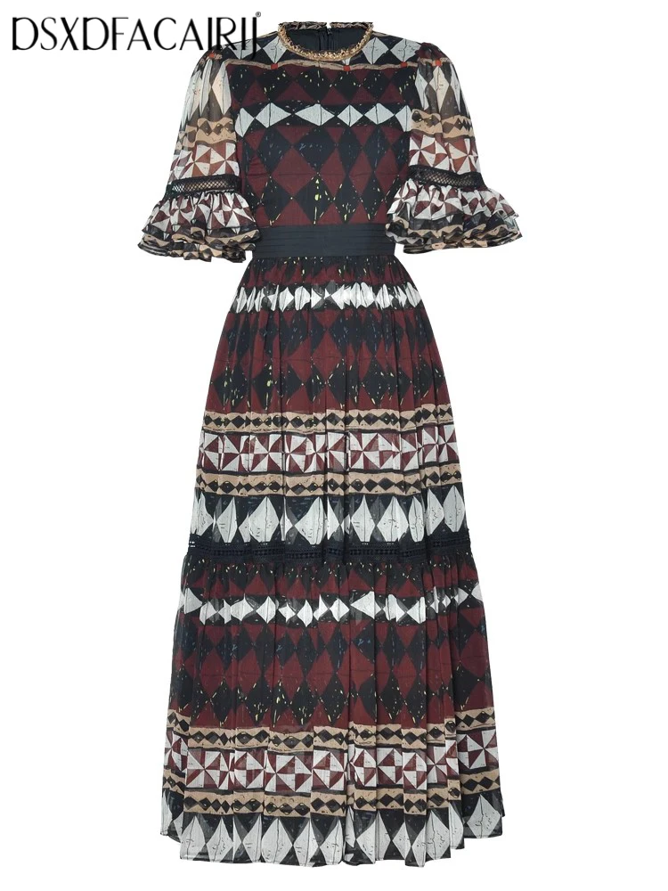 

DSXDFACAIRIJ Vintage Beaded O-Neck Short Sleeve Dress Geometric Print Fashion Summer Female Clothing