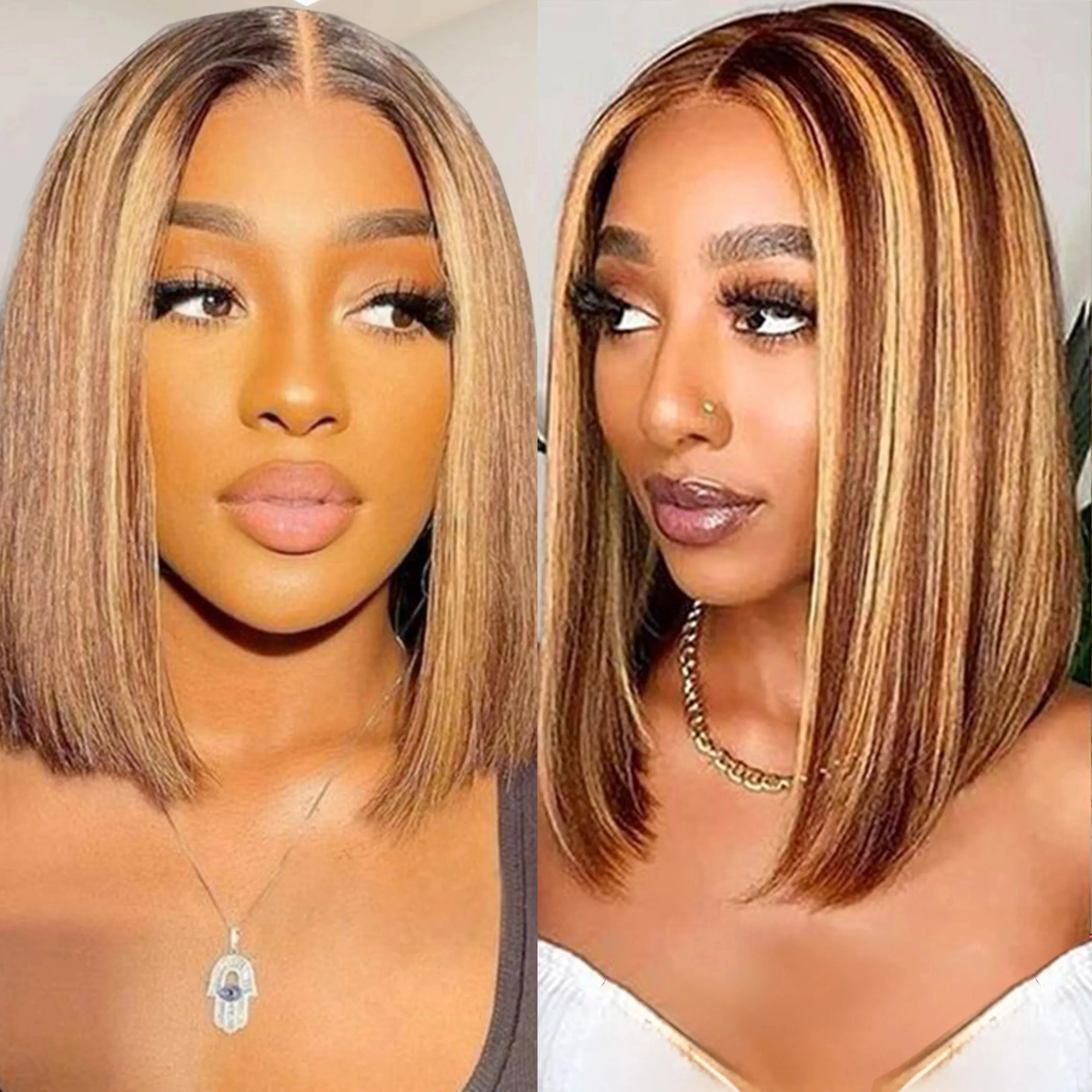 Short Bob Wig Highlight Transparent Lace Frontal Wigs Straight Bob Wigs Pre Plucked 13x4 Lace Front Wigs Synthetic For Women