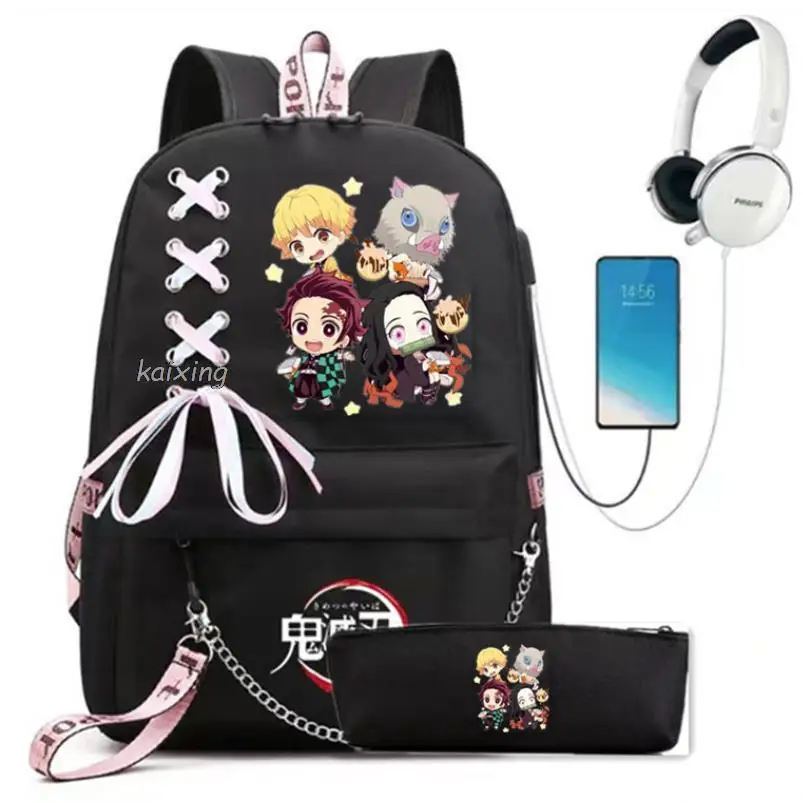 

Hot Fashion Demon Slayer Backpacks Women Men Student USB Charge Canvas Backpack Print School Bag Teenager Girls Ribbons Mochila