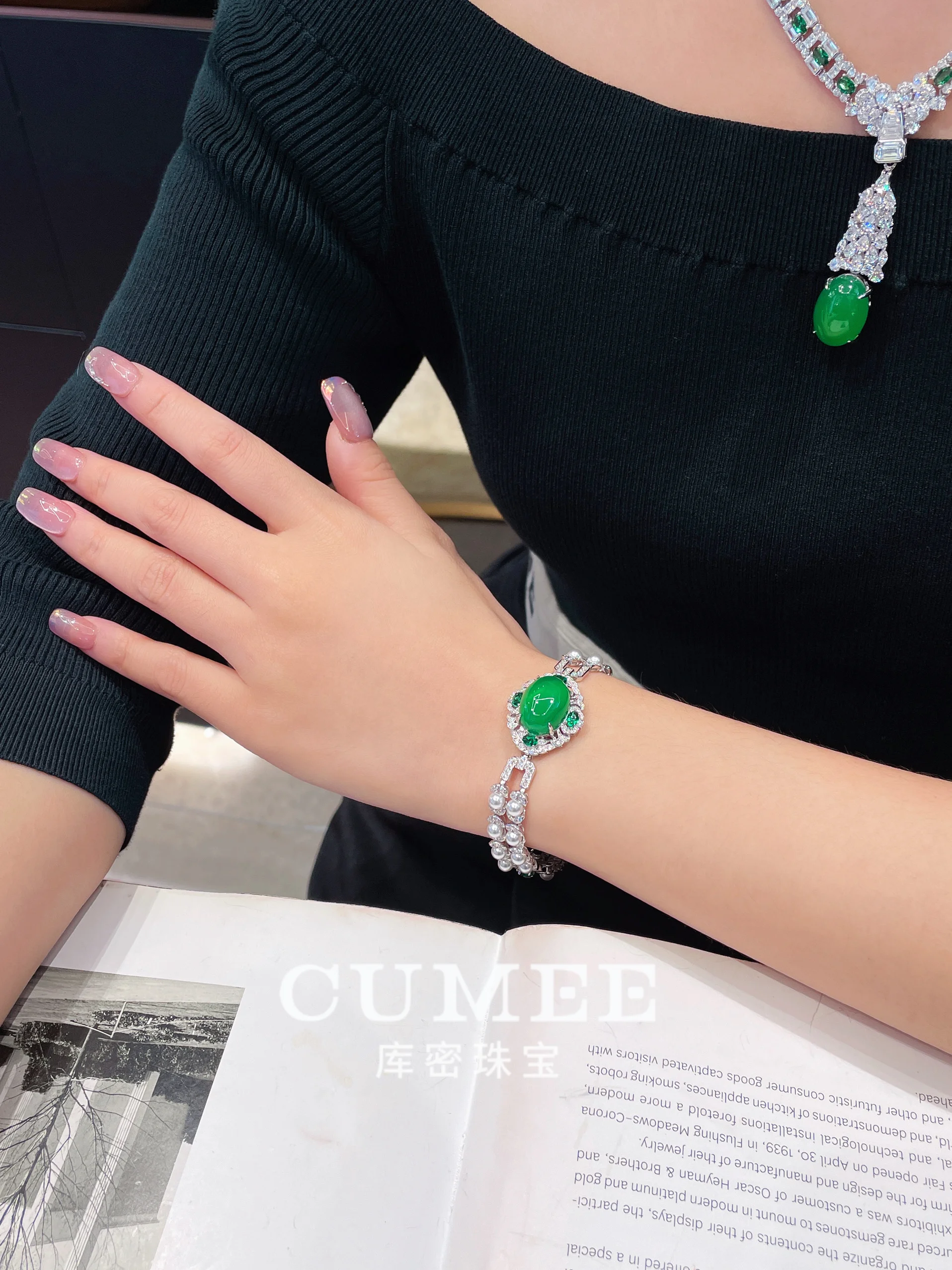 CUMEE Retro New Style High End Style Banquet Chalcedony Bracelet Necklace Set Women 925 Silver Gold Plating