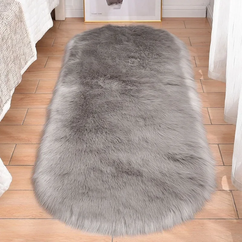 Faux Fur Rug Oval Shape Fluffy Shaggy Non-slip Floor Mat Warm Plush Carpet for Bedroom Interior Decoration