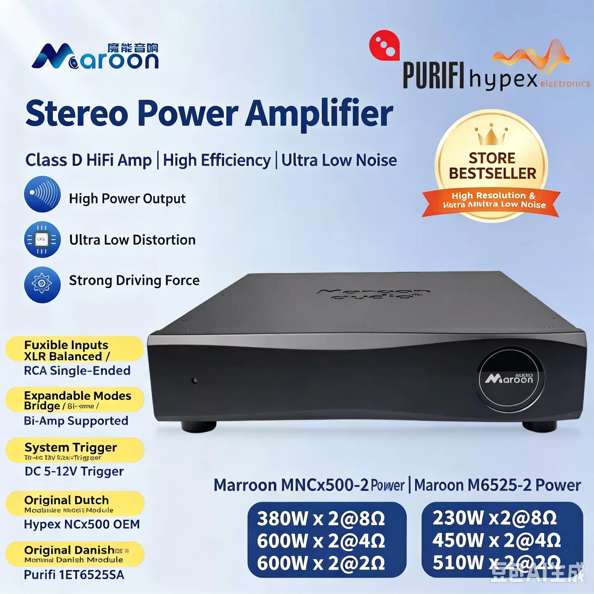 Maroon Audio Purifi 1ET6525SA / Hypex NCx500 Class D Power Amp, Hi-End Mono/Stereo Amplifier for Audiophile