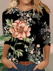 Women's T-shirt 3d print vintage floral print casual long sleeve round neck regular tops daily print pink, spring and autumn