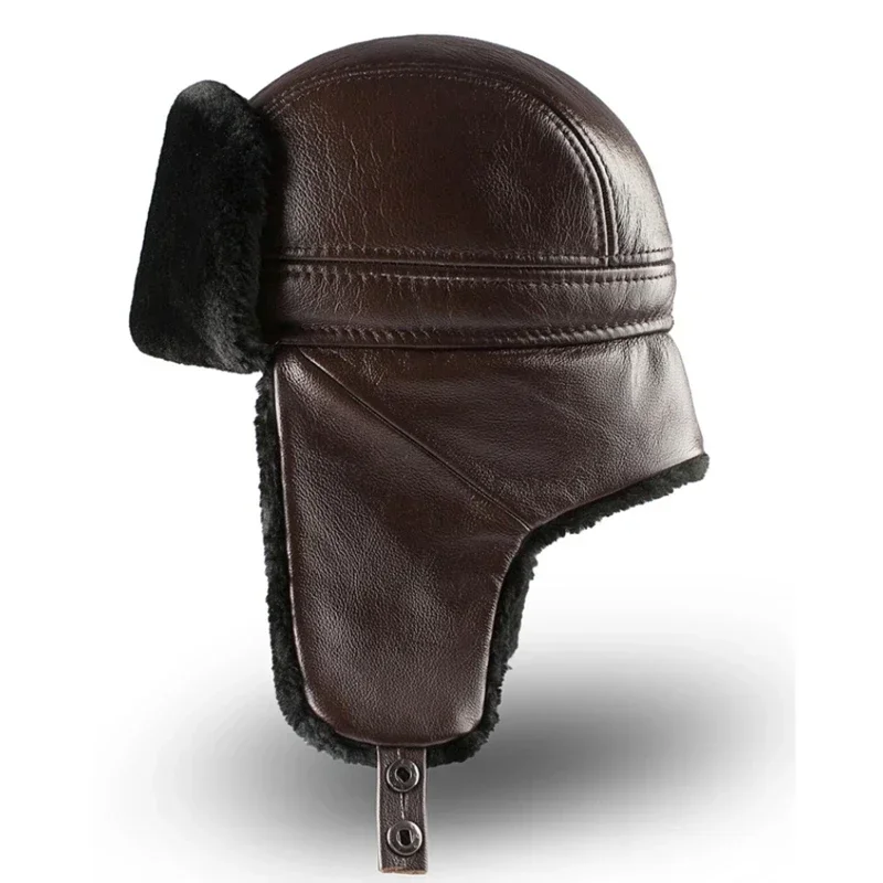 Male Winter Warm Ear Protection Bomber Hat Man Genuine Leather Faux Fur Military Cap Inside Black Brown 55-60cm Flat Roof Caps