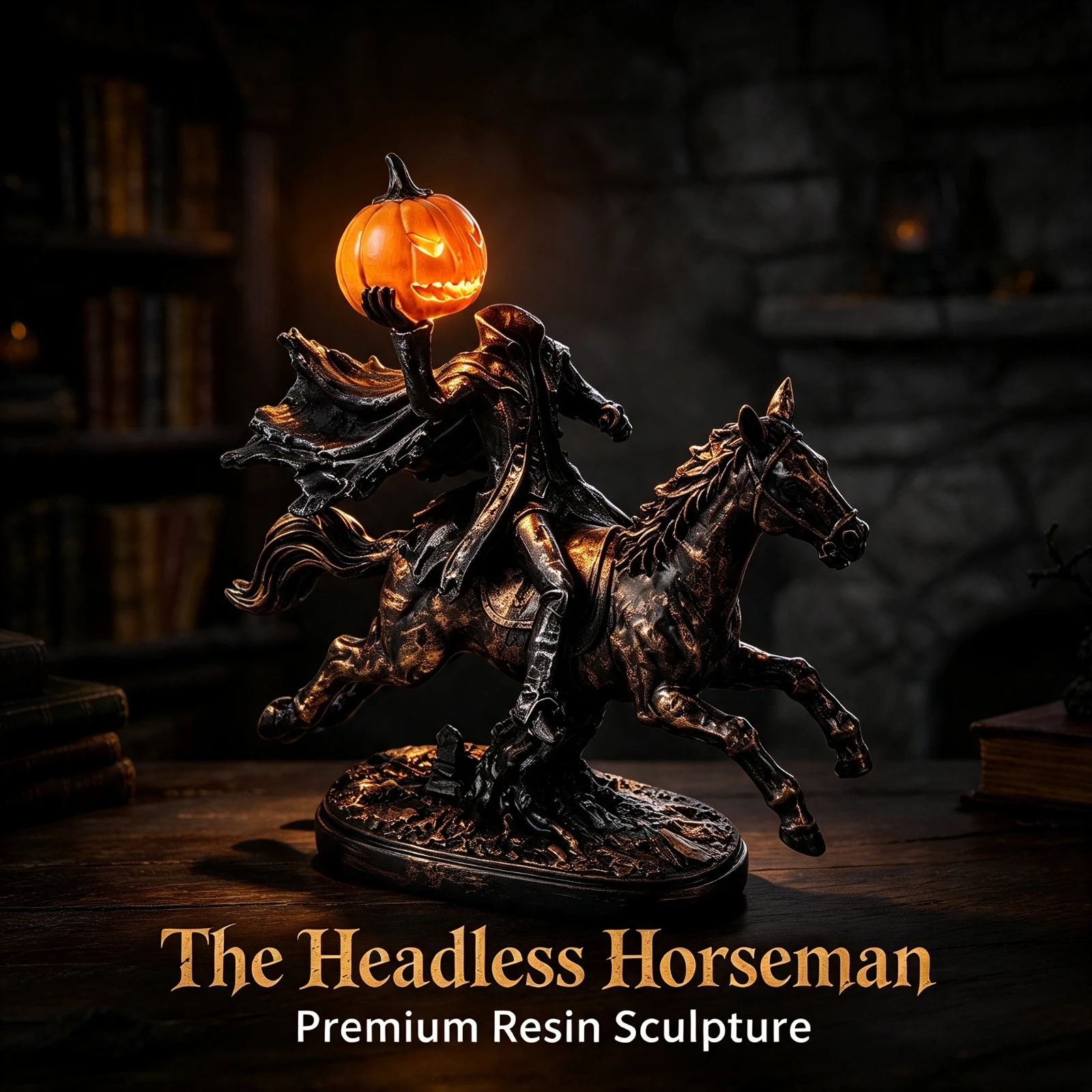 LED Illuminated Headless Horseman Pumpkin, Resin Statue Halloween Home Table, Scary Decoration Gothic Horror Figurine, Gift