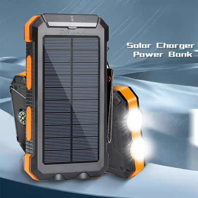 Power bank solare da 10000 mAh, caricatore portatile wireless a ricarica rapida, torcia SOS, bussola e gancio per campeggio, viaggi e situazioni di emergenza all'aperto.
