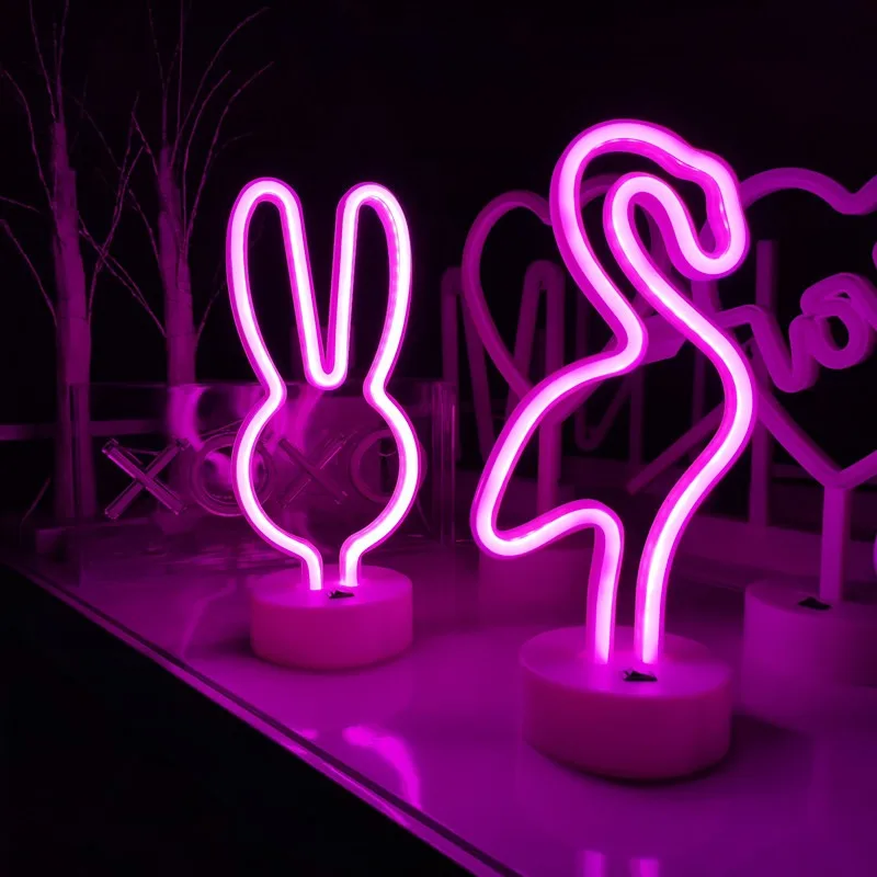 LED Neon Night Light Sign Flamingo Rabbit Table Lamp Kids Bedroom Party Birthday Holiday Christmas Art Decor Children Gift