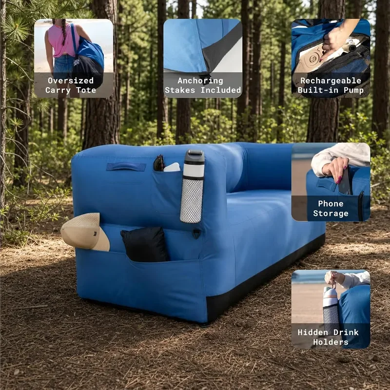 Slouch Couch Air Sofa with Built-in Pump Hidden Cup Holders Storage Pockets Durable Blow Up Couch with High-Performance