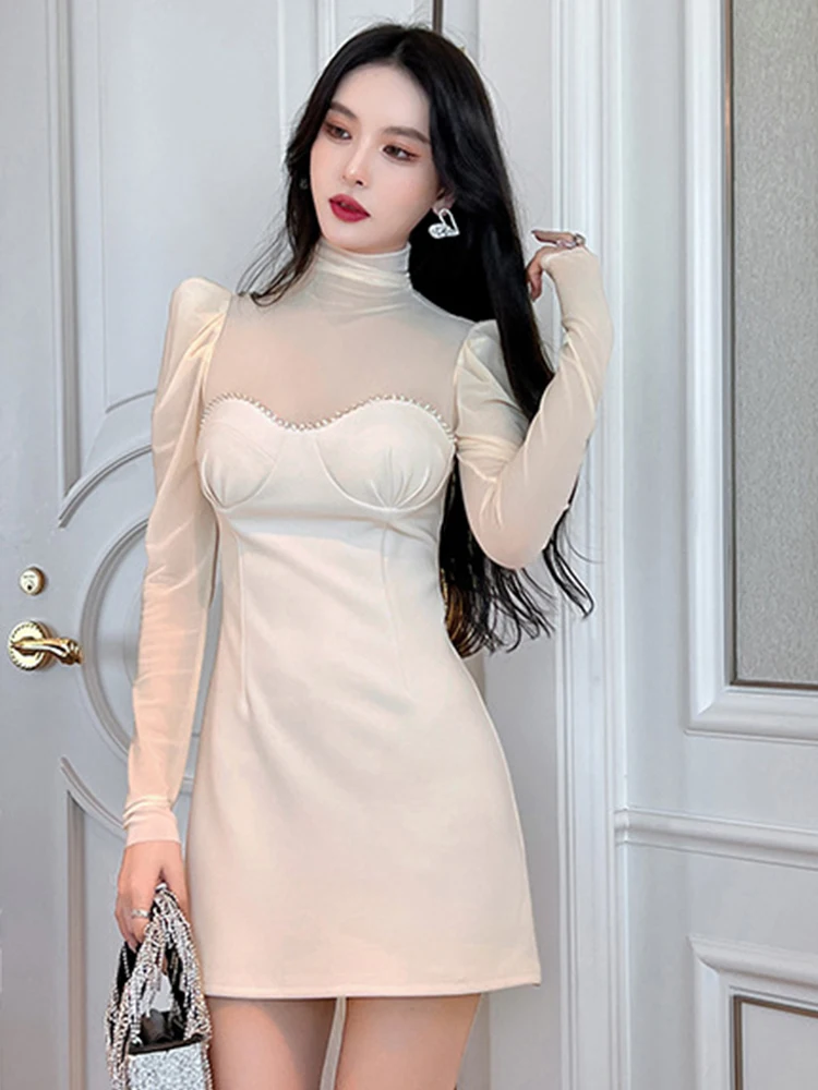 Mesh Women Mini Dress Celebrity Elegant Sexy Sheer See Throngh Diamond Puff Long Sleeve A-line Outfit Femme Party Date Vestidos