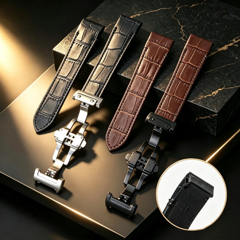 leather watch strap  for Santos 100 men wome folding buckle strap 21mm bracelet ﻿ Spring bar Curved End