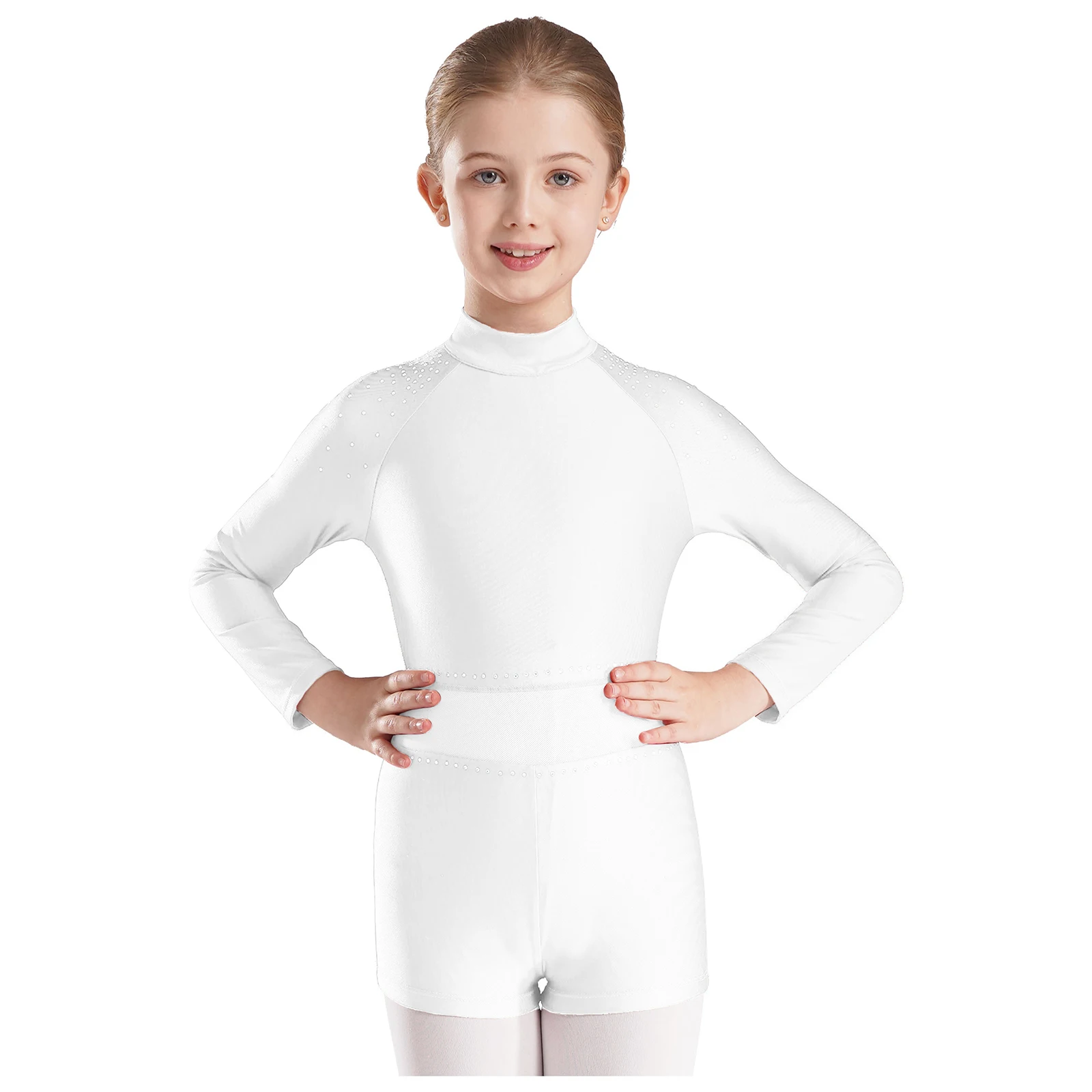 Kids Girls Figure Skating Ballet Leotard Gymnastics Unitards Rhinestones Long Sleeve Jumpsuit Teens Cut Out Back Dance Bodysuit