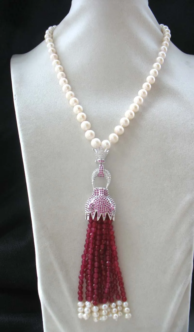 

freshwater pearl white near round and red jade necklace 18inch wholesale beads nature