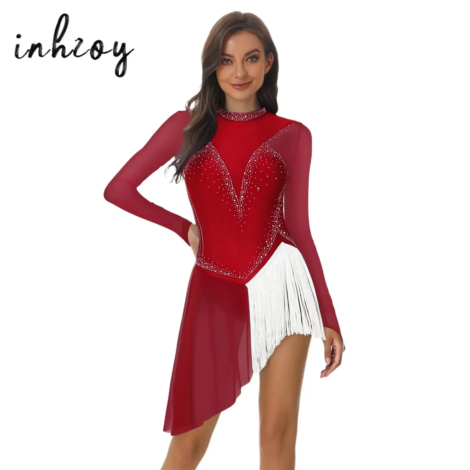 

Womens Ice Skating Dress Glittery Rhinestone Long Sleeve Backless Irregular Hem Side Fringe Leotard Dress for Gymnastics Lyrical