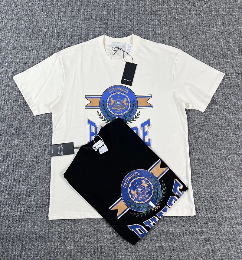 New Arrival RHUDE Men's T-Shirt Crest Logo Print Loose Casual Short Sleeve Crew Neck Tee Top Fast Shipping