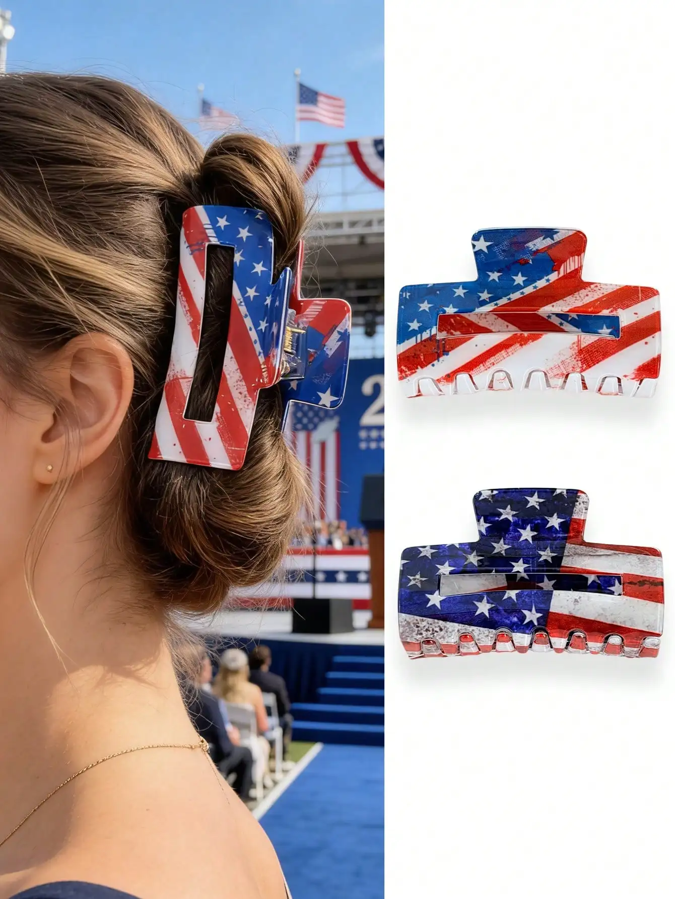 

1pc Memorial Day, America 250th Anniversary Hair Accessories, Independence Day, Red, Blue, White, Star Elements, Square Hollow Hair Clip, Ponytail Bun Claw Clip, Suitable For Party, Holiday, Daily, Styling, Women Fashion Hair Accessories