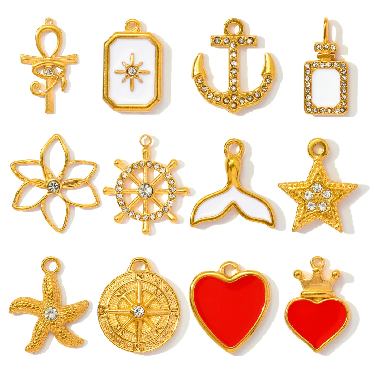 5pcs/Lot Stainless Steel Enamel Heart DIY Charms Anchor Star Rudder Mermaid Tail Cross Pendants Necklace Making Women Jewelry