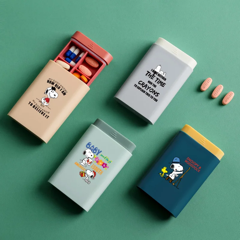 

Snoopy Pill Organizer 7 Day, Portable Travel Medicine Case, Weekly Vitamin Storage Box with Secure Seals, Cute Cartoon Gift