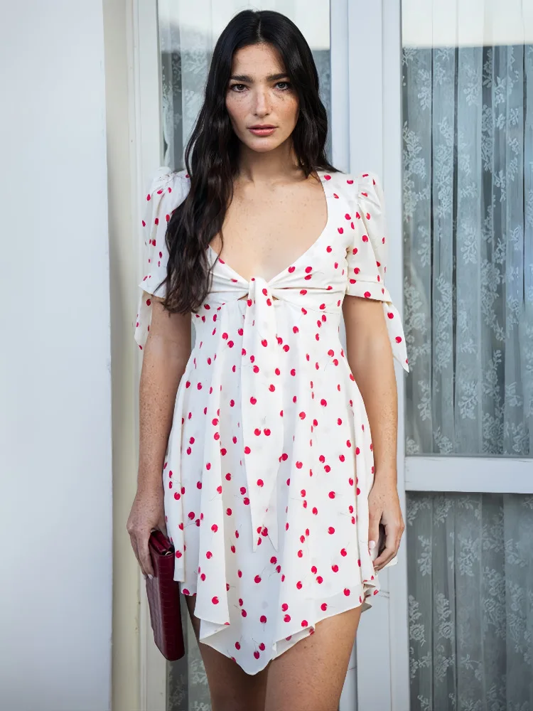 

Absobe Raspberry Printed Mini Dress Women's V-Neck Short Sleeve Summer Polka Dot A-Line Slim Irregular Short Dress Streetwear