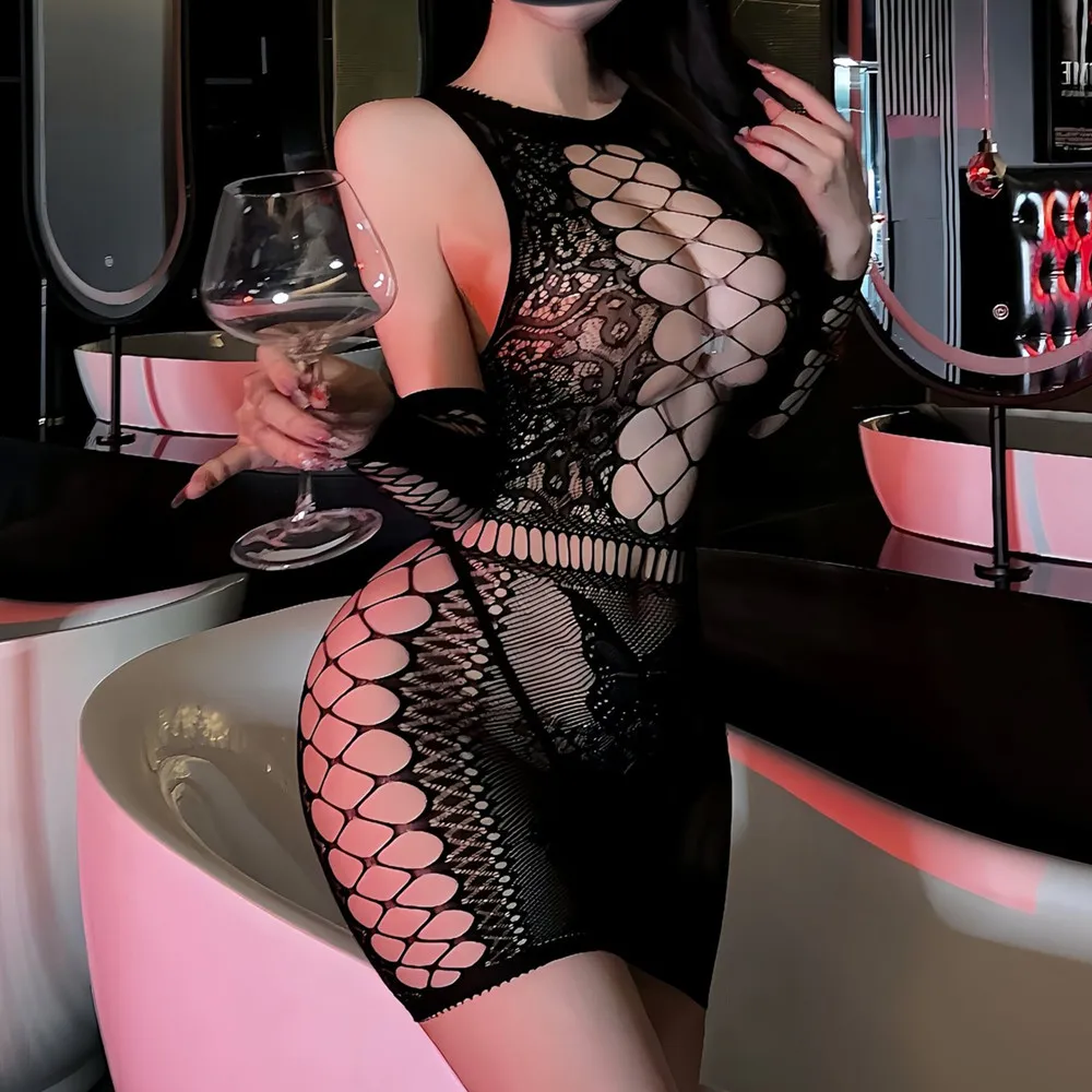 See Through Transparent Hollow Out Mesh Dress Women's O Neck Sexy Bodycon Skirt Club Party Wear Slim Solid Mini Dresses