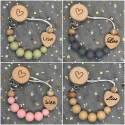 Personalized Baby Pacifier Chain Clips Wooden Custom Teether Silicone Round Beads Teething Chain for Care Soother Chew Toys Gift