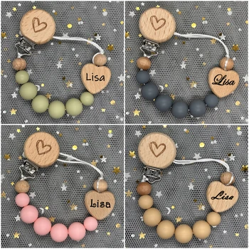 개인화 된 아기 젖꼭지 체인 클립 나무 사용자 정의 Teether 실리콘 라운드 구슬 케어 Soother 씹는 장난감 선물을위한 젖니가 남 체인