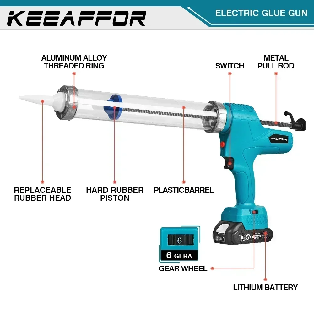 KEEAFFOR 10000N Elektrisch lijmpistool 6 versnellingen Draadloos elektrisch multifunctioneel kitpistool Lijmkit voor Makita 18v batterij