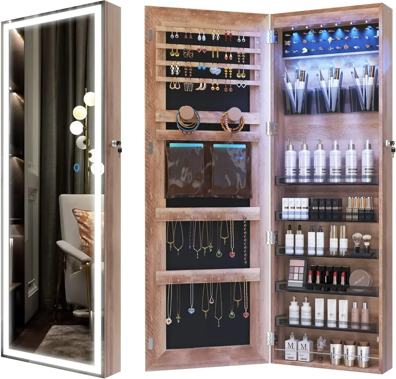 

Jewelry Mirror Cabinet, Wall/Door Mounted Full Length Mirror with Lights, Lockable Jewelry Storage Armoire Organizer