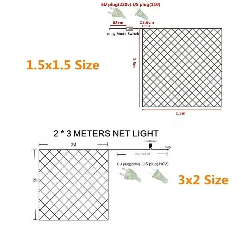 LED Net Mesh Fairy String Light, guirlanda, cortina de janela, Natal, festa de casamento, decoração de férias, 2x3m, UE ou EUA