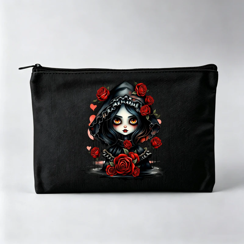 Gothic Doll with Red Roses Print Makeup Bag, Zipper Cosmetic Pouch for Daily Use