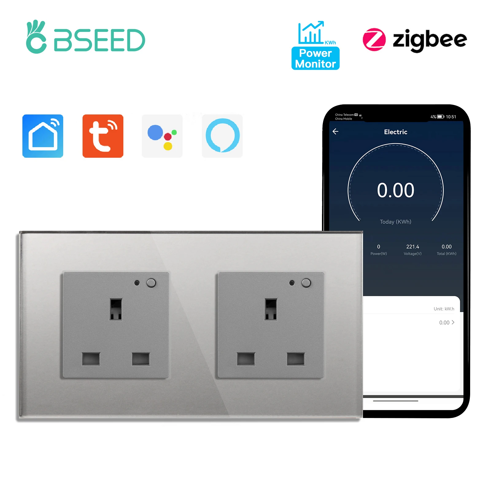 BSEED UK Standaard Zigbee Power Monitor Socket Slimme dubbele elektrische stopcontacten Tuya Smart Iife Google Home Control 13A