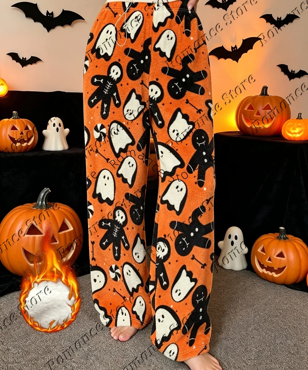 26/27Cute Halloween Women Flannel Pants Ghost Candy Witch Hat Spider Bat Pattern Elastic Waist Soft Warm Loose Casual Home Pants