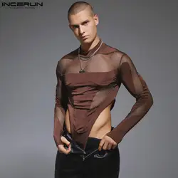 INCERUN-monos de manga larga para hombre, ropa de estar por casa, Sexy, de cuello medio alto, de empalme de malla, informal, con estilo, dedal, S-3XL, 2023