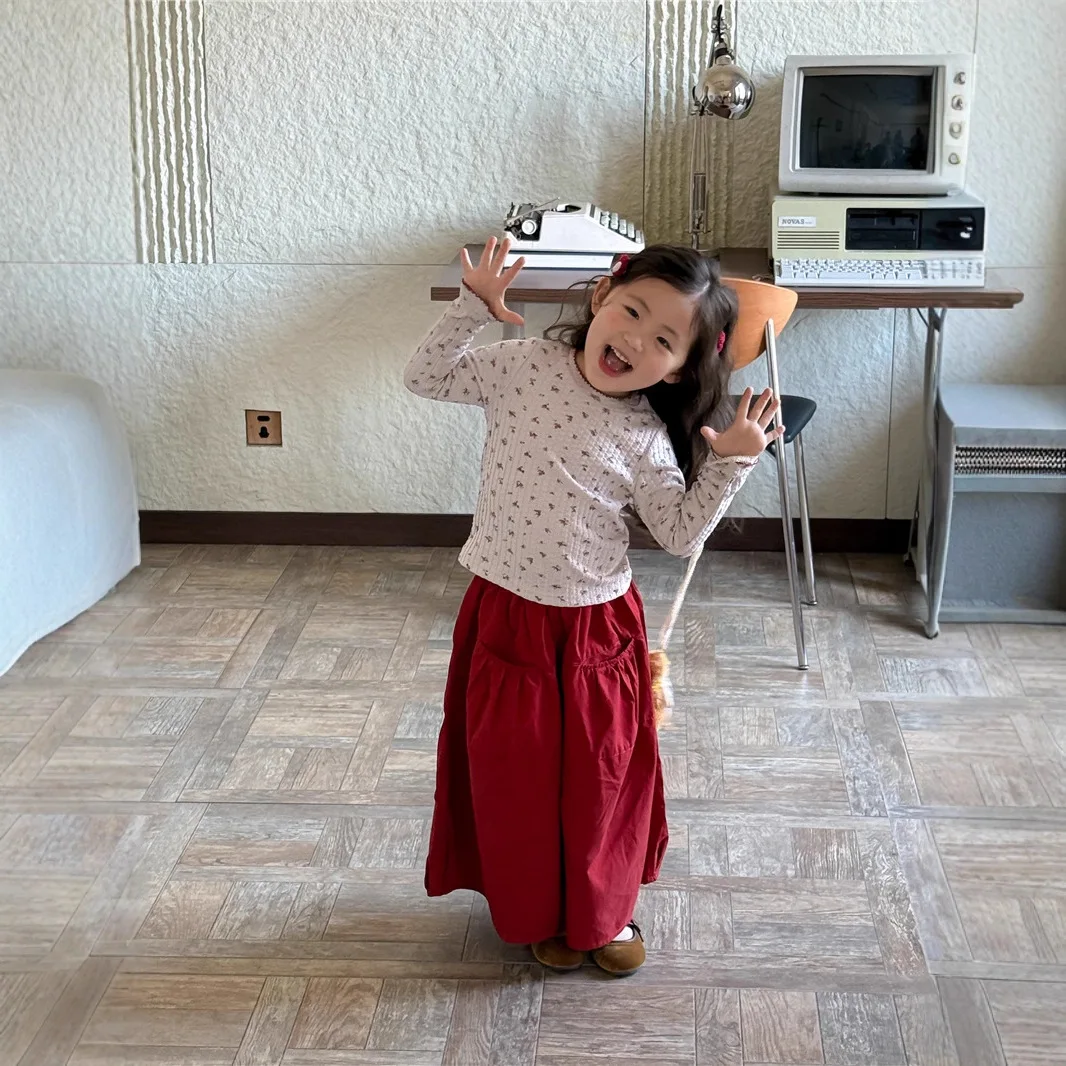 

Girl Pants 2025 Autumn New Children's Clothing Korean Style Girl Baby Fashion Red Wide Leg Pants Casual Simple and Daily