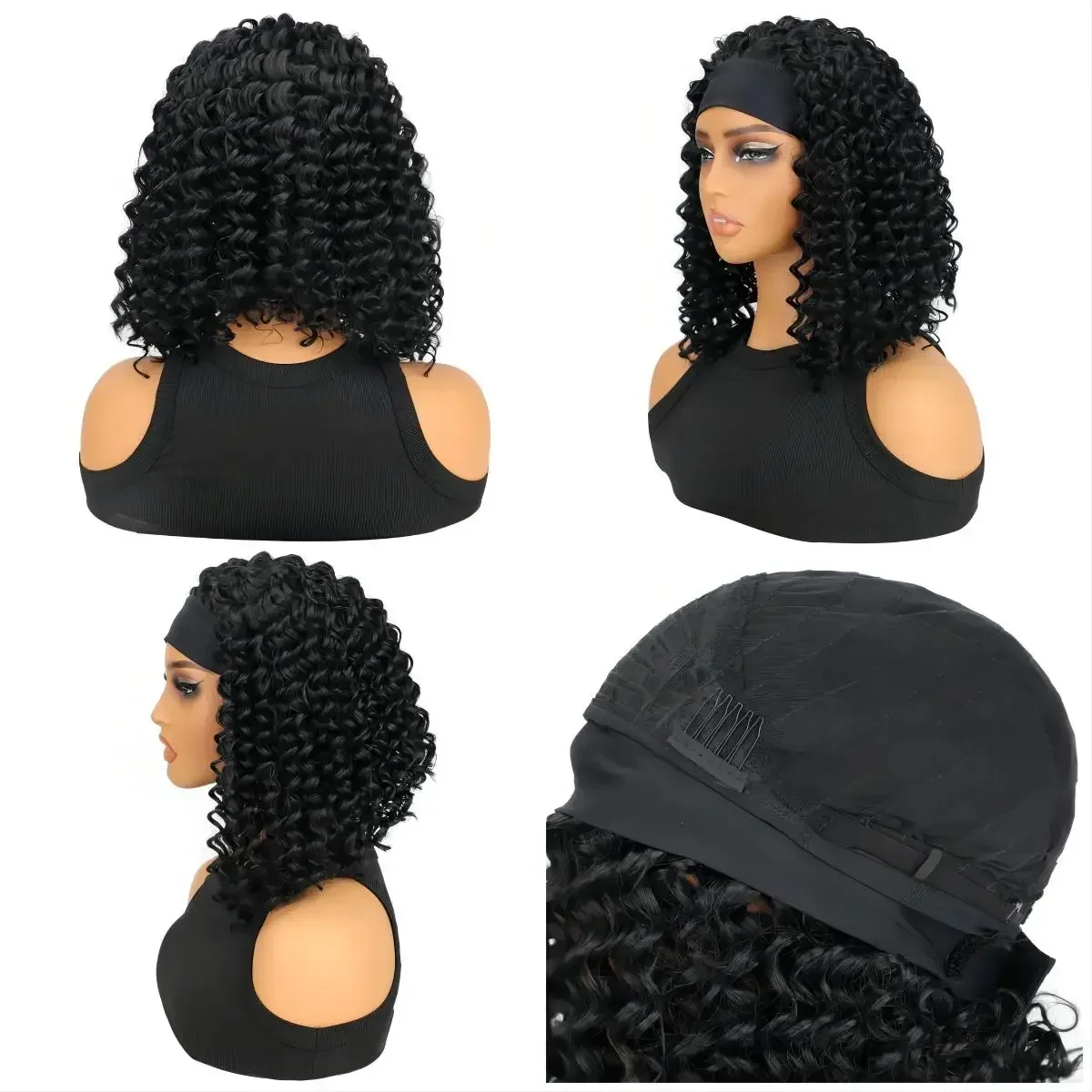 Curly Headband Wigs Synthetic Short Deep Wave Headband Wig Deep Curly Headband Wig Natural Black for Women